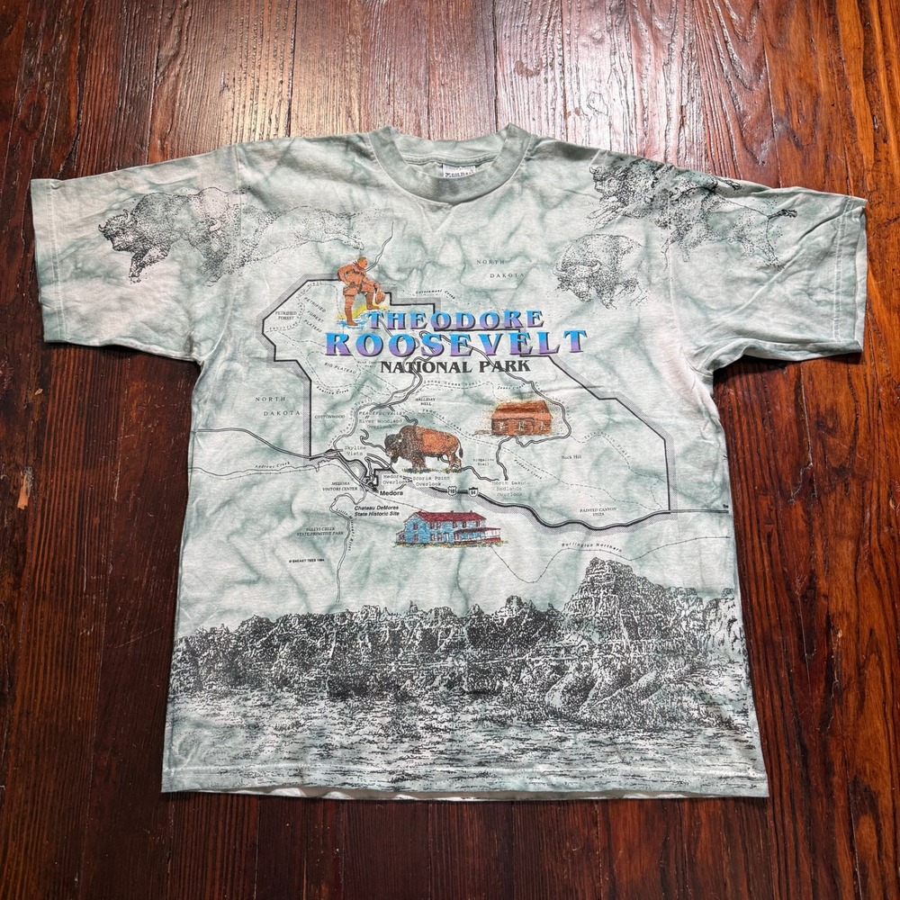 Vintage 1994 Theodore Roosevelt National Park Shirt Mens XL Gray AOP Made in USA